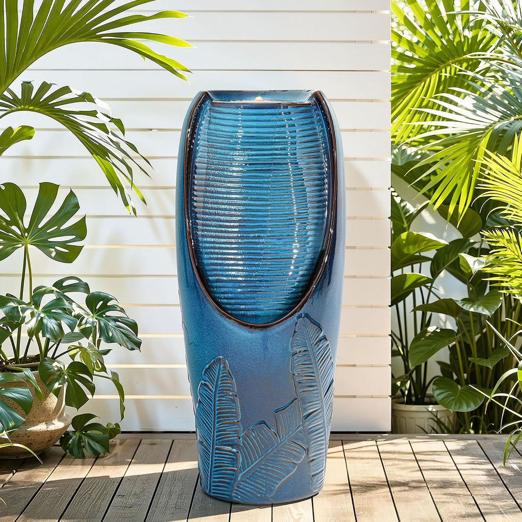 32' H Ceramic Jar Outdoor Water Fountain, Elegant Turquoise Water Feature Outside with LED Lights, Banana Leaf Texture, Soothing Cascading Waterfall for Garden Patio Yard Front Porch Decor