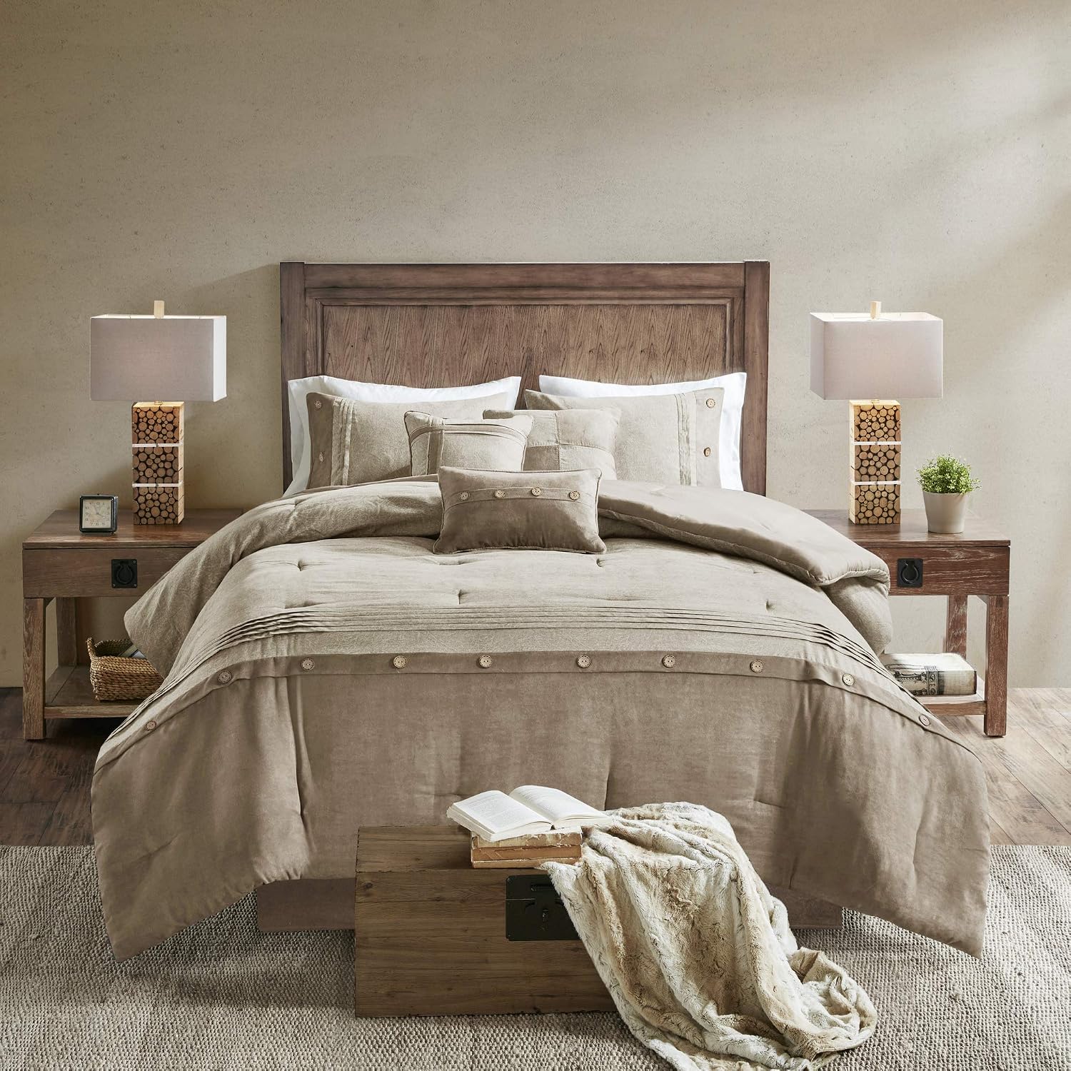 Madison Park Boone Cozy Comforter Set, Faux Suede, Deluxe Hotel Styling All Season Down Alternative Bedding Matching Shams, Decorative Pillow, King (104 in x 92 in), Rustic Tan 7 Piece
