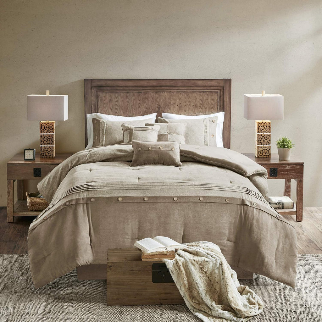 Madison Park Boone Cozy Comforter Set, Faux Suede, Deluxe Hotel Styling All Season Down Alternative Bedding Matching Shams, Decorative Pillow, California King (104 in x 92in), Rustic Tan 7 Piece