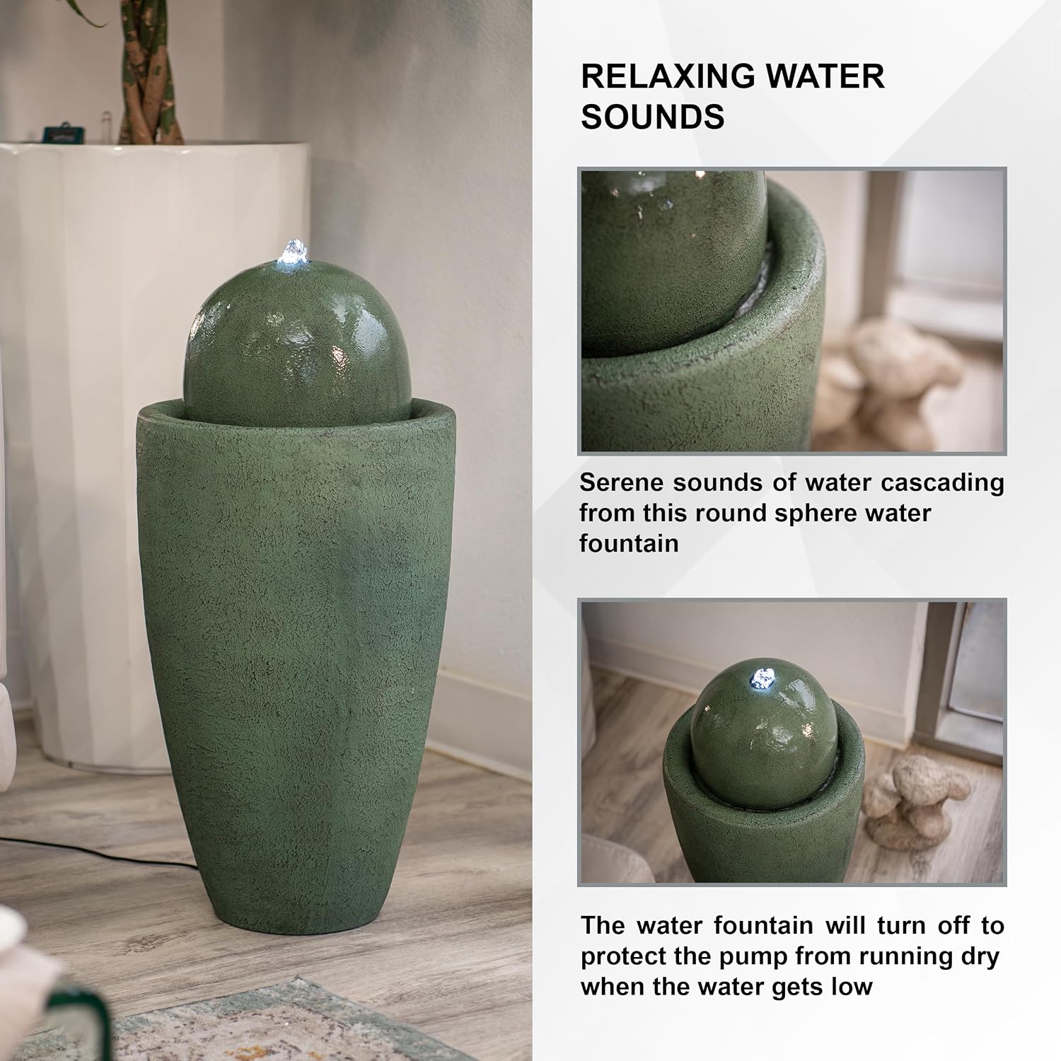 XBrand 25.98' Modern Sphere Water Fountain with LED Light – Indoor Outdoor Stone Texture Floor Fountain, Zen Bubbling Ball Water Feature for Garden Patio Porch - Green