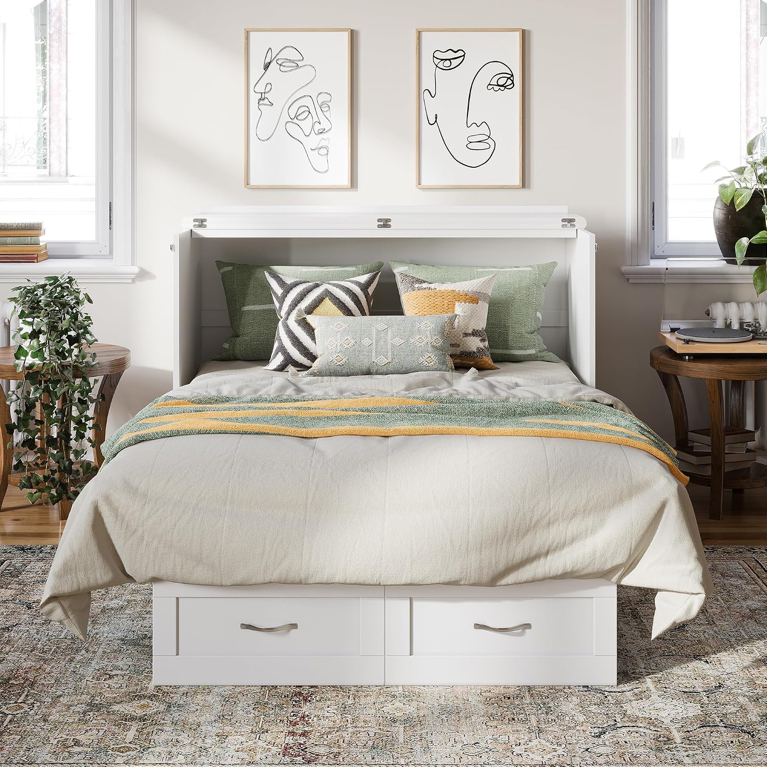 AFI, Monroe Full Murphy Bed Chest with 6' Mattress, Storage Drawer & Built-in USB Charger, White