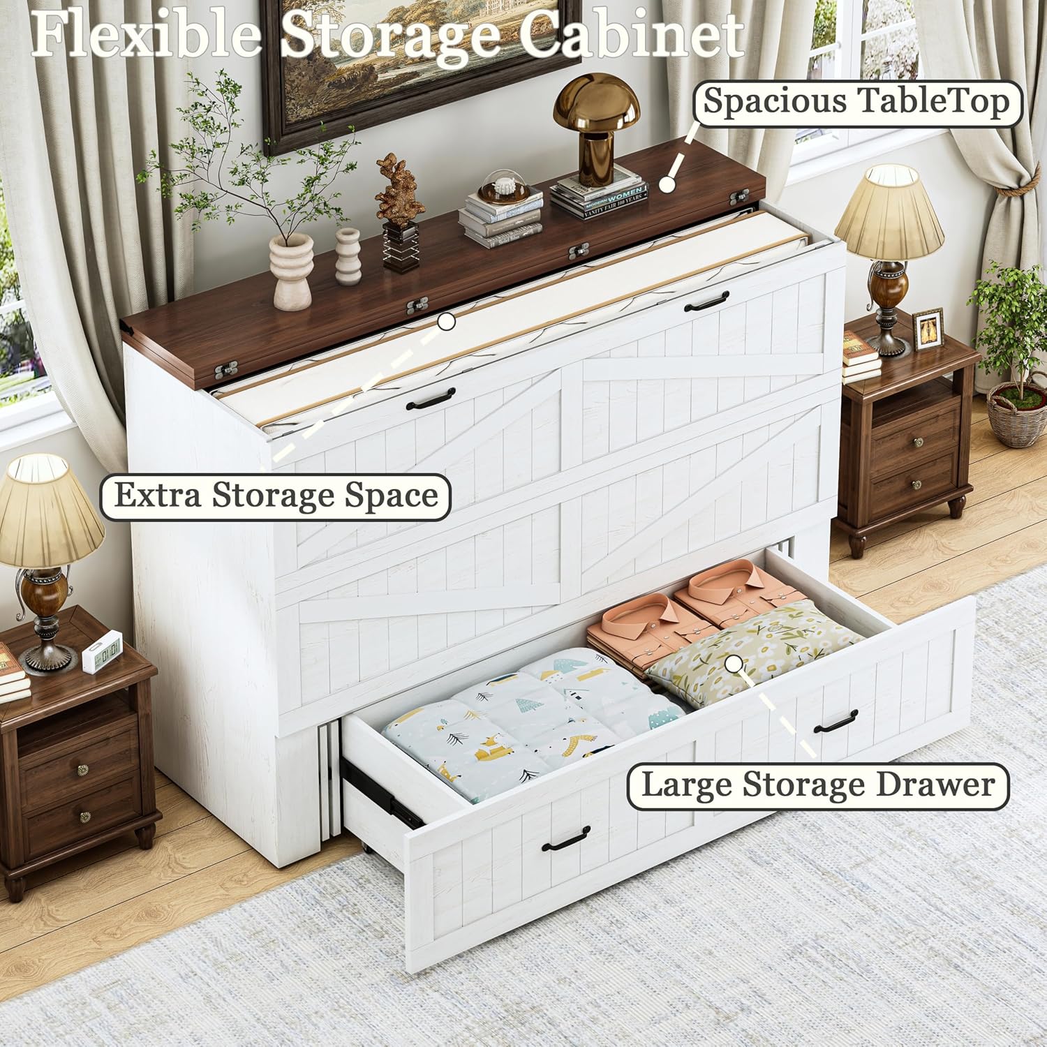 Queen Size Murphy Bed with Charging Station and Large Drawer, Farmhouse Cabinet Bed with Storage, Multifunctional Wood Hidden Folding Bed Frame for Bedroom, White
