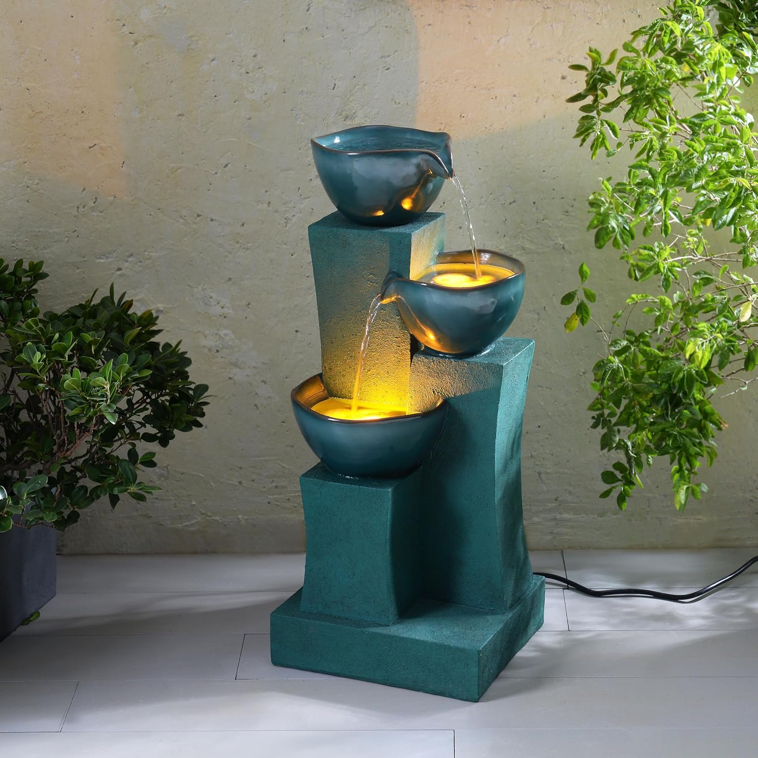 Teamson Home 28.54 in. 3-Tier Cascading Outdoor Water Fountain with LED Lights for Gardens, Landscaping, Patios, Balconies, Lawns, Green