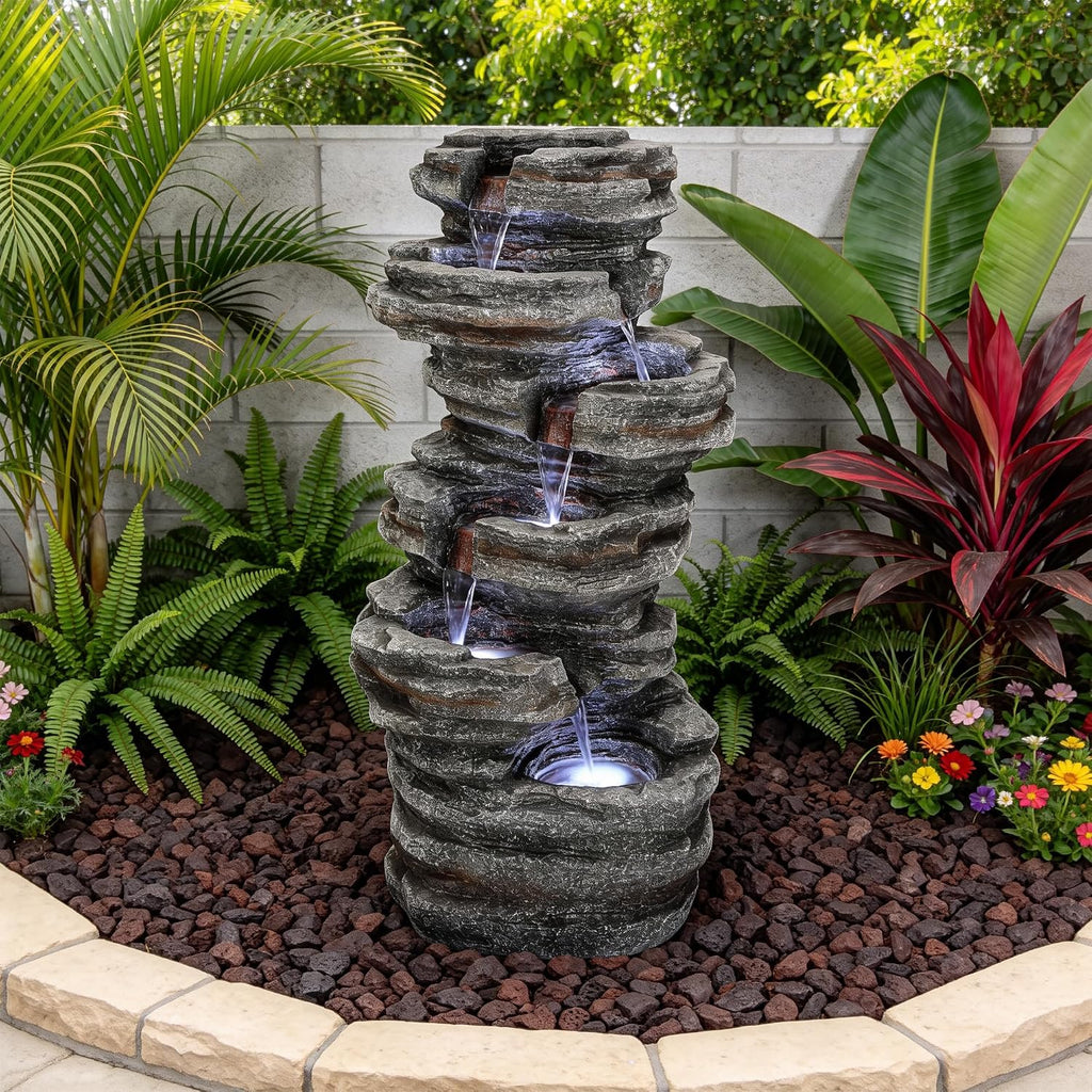 6-Tier Rock Outdoor Water Fountain, 40in Tall Oversized Fountains for Outside, Relaxing Cascading Waterfall for Tranquil Outdoor Garden Patio Garden Backyard Oasis