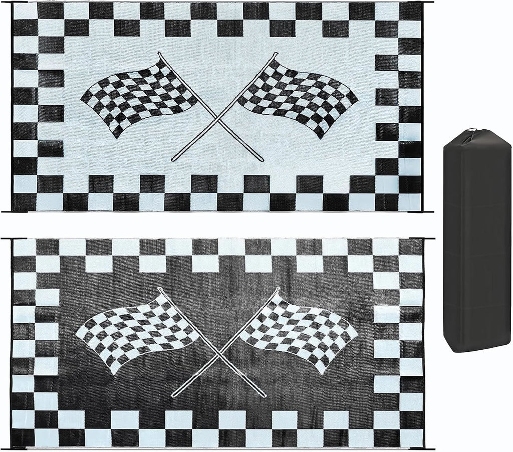 EEZ RV Products 9ft x 18ft Heavy Duty Reversible/Durable Outdoor Patio/RVing Camping Mats Come with Large Storage Bag & 6 Sets of Stakes and Washer, Black & White Checker Flag