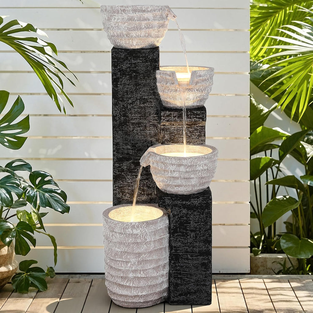 39.8' H Outdoor Water Fountain with LED Lights & Pump, Multilayer Cascading Polyresin Fountain, Sand-Textured Freestanding Garden Fountain for Tranquil Garden, Patio or Porch