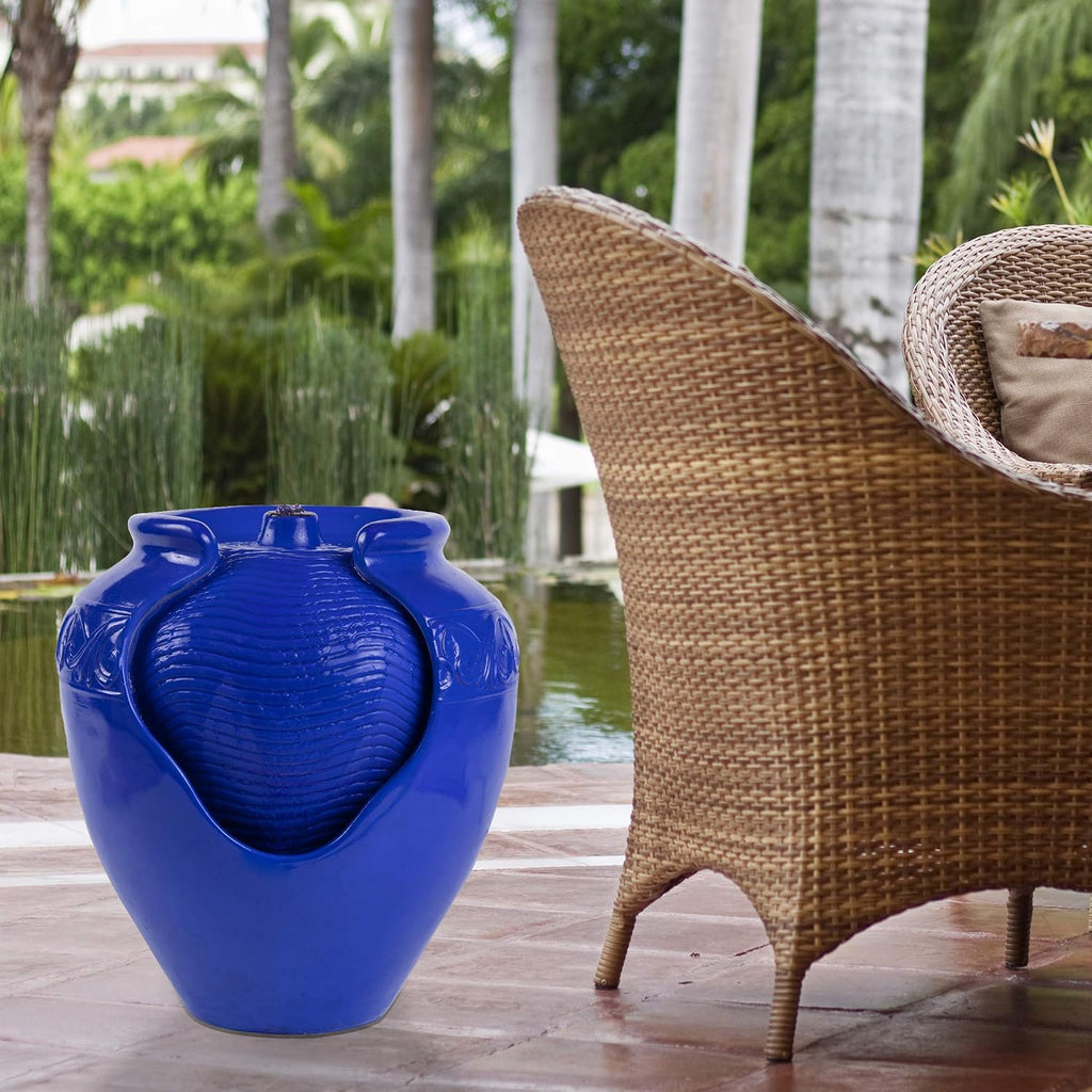 Jar Water Fountain – Indoor or Outdoor Ceramic-Look Glazed Pot Resin Water Feature with Electric Pump and LED Lights by Pure Garden (Cobalt Blue)