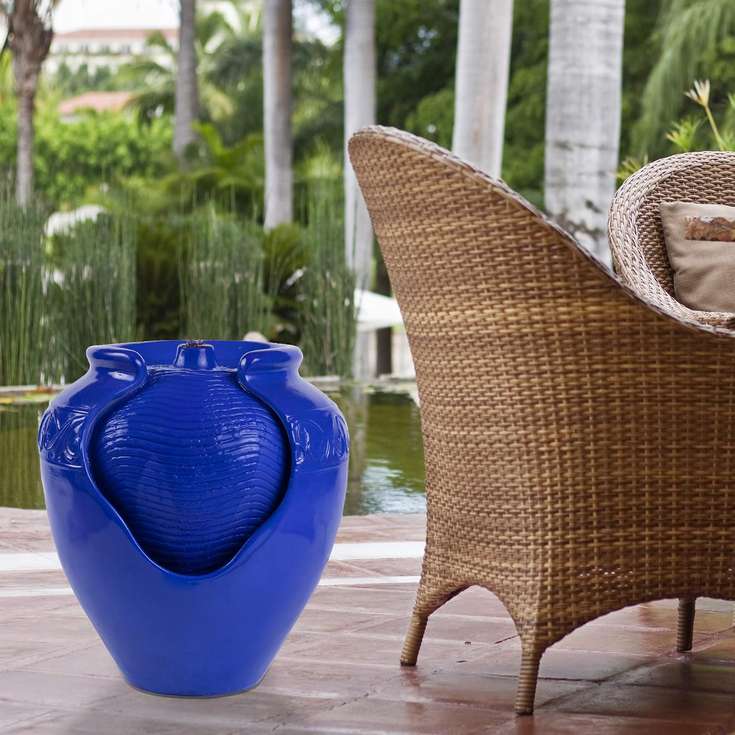 Jar Water Fountain – Indoor or Outdoor Ceramic-Look Glazed Pot Resin Water Feature with Electric Pump and LED Lights by Pure Garden (Cobalt Blue)