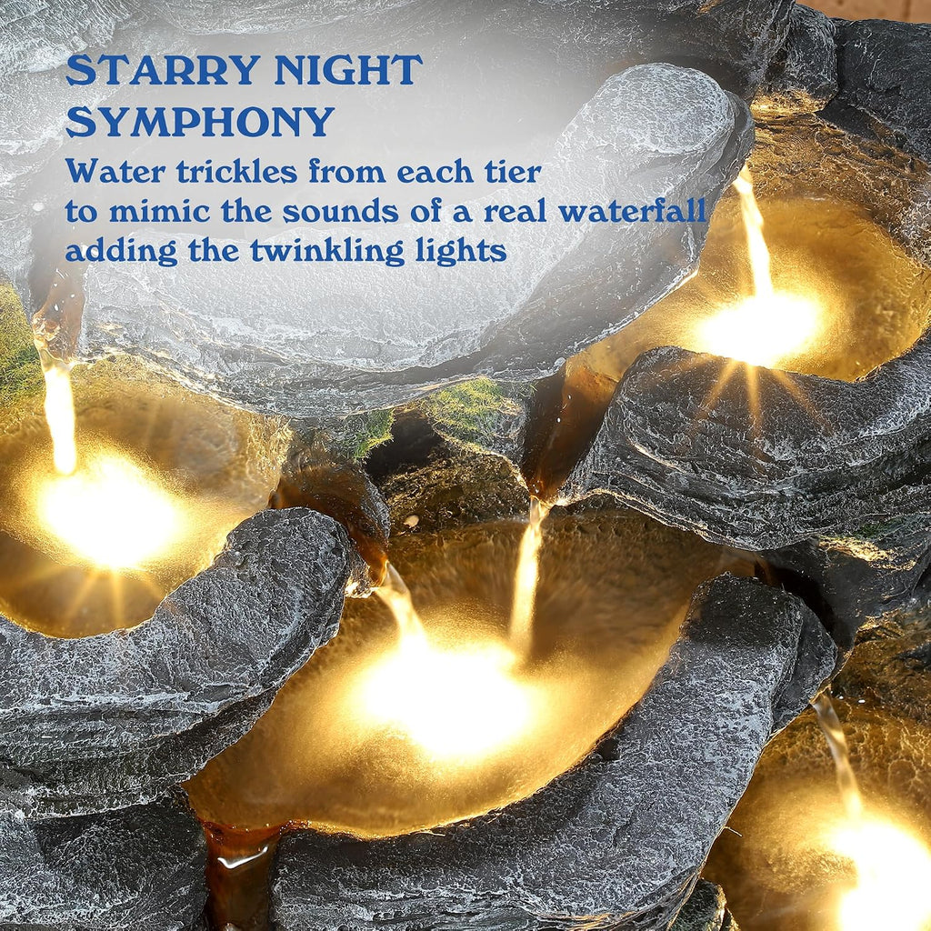 TITIMO 7-Tier Cascading Rock Water Fountain Outdoor Garden Waterfall with Lights,Fountain Indoor Decor for Garden, Patio, Backyard, Deck, Porch and Home Art Decor (24' H)