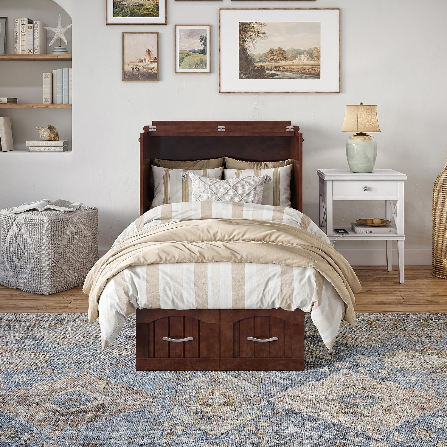 AFI, Nantucket Twin Murphy Bed Chest with Mattress, Storage Drawer, and Built-in USB Charger, Walnut