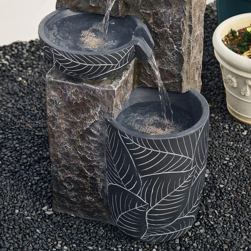 Glitzhome 32.75' H Outdoor Garden Water Fountain with LED Lights and Pump, Natural Leaf Textured 4-Tier Resin Cascading Floor-Standing Fountain for Porch Deck Patio Backyard Decoration