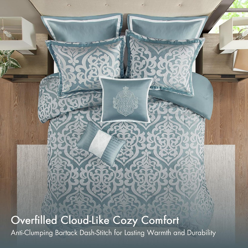 Madison Park Odette Cozy Comforter Set Jacquard Damask Medallion Design - Modern All Season, Down Alternative Bedding, Shams, Decorative Pillows, Cal King(104 in x 92 in), Aqua