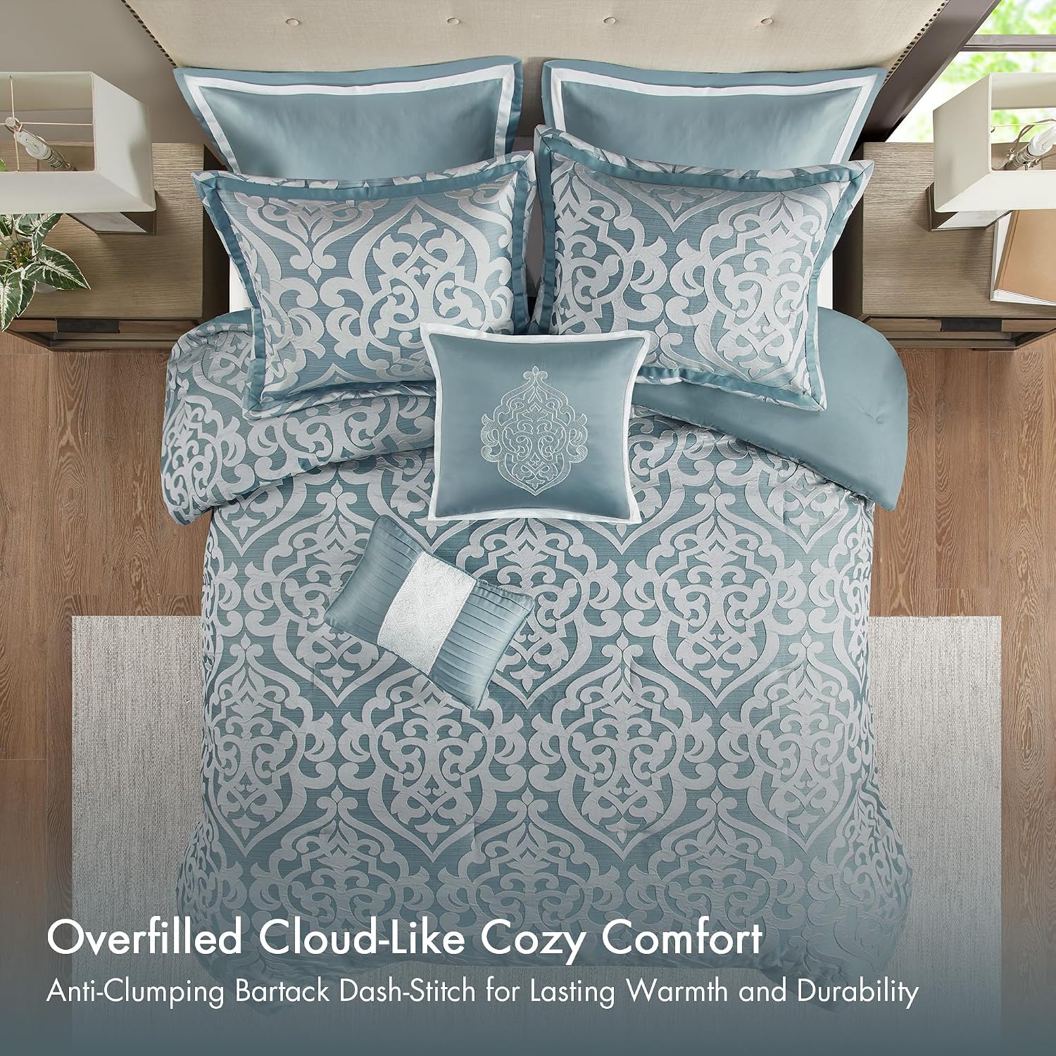 Madison Park Odette Cozy Comforter Set Jacquard Damask Medallion Design - Modern All Season, Down Alternative Bedding, Shams, Decorative Pillows, Cal King(104 in x 92 in), Aqua