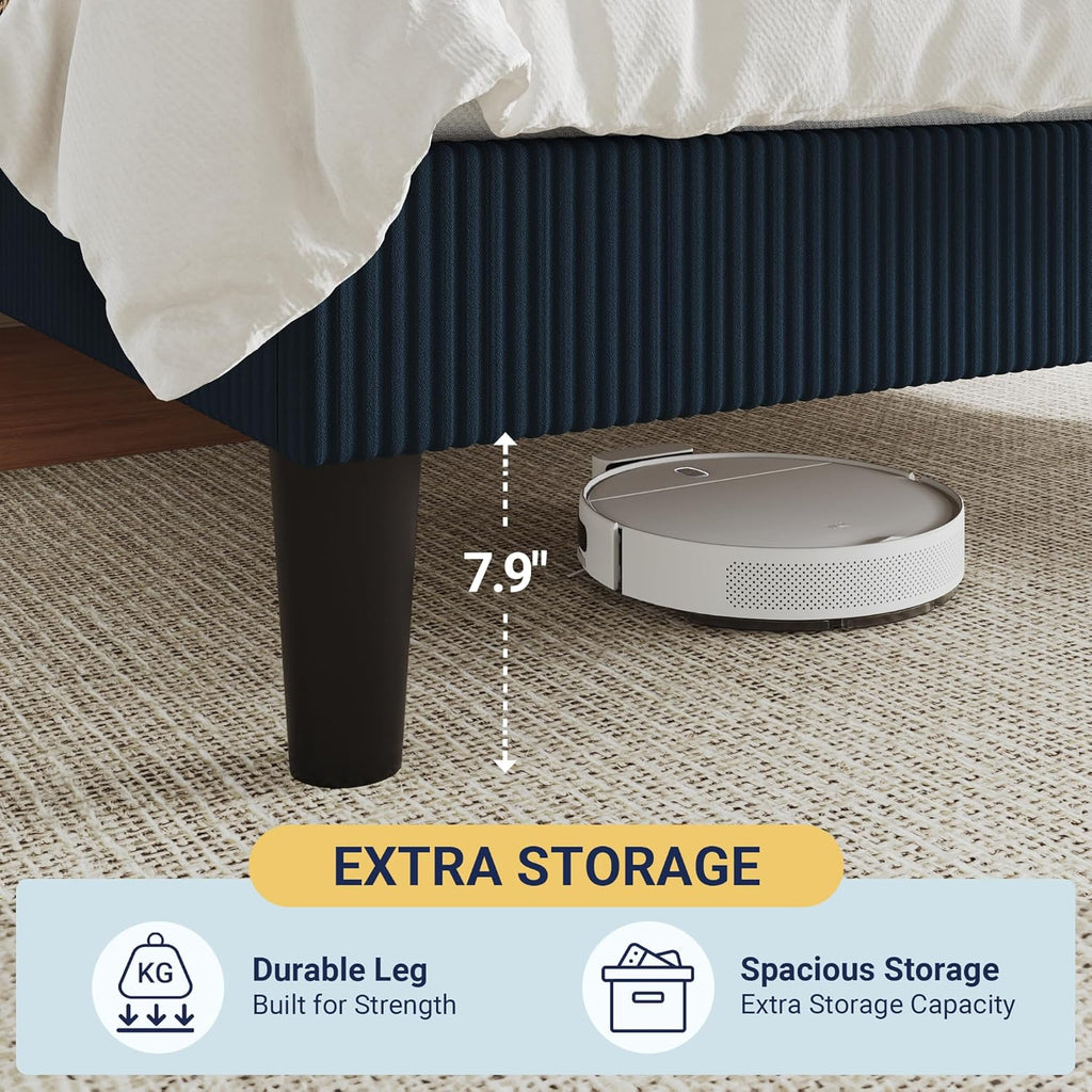 Allewie Queen Size Upholstered Bed Frame with Vertical Channel Tufted Headboard, Soft Corduroy Fabric Platform Bed, Strong Wooden Slats Support, Easy Assembly, No Box Spring Needed, Dark Blue