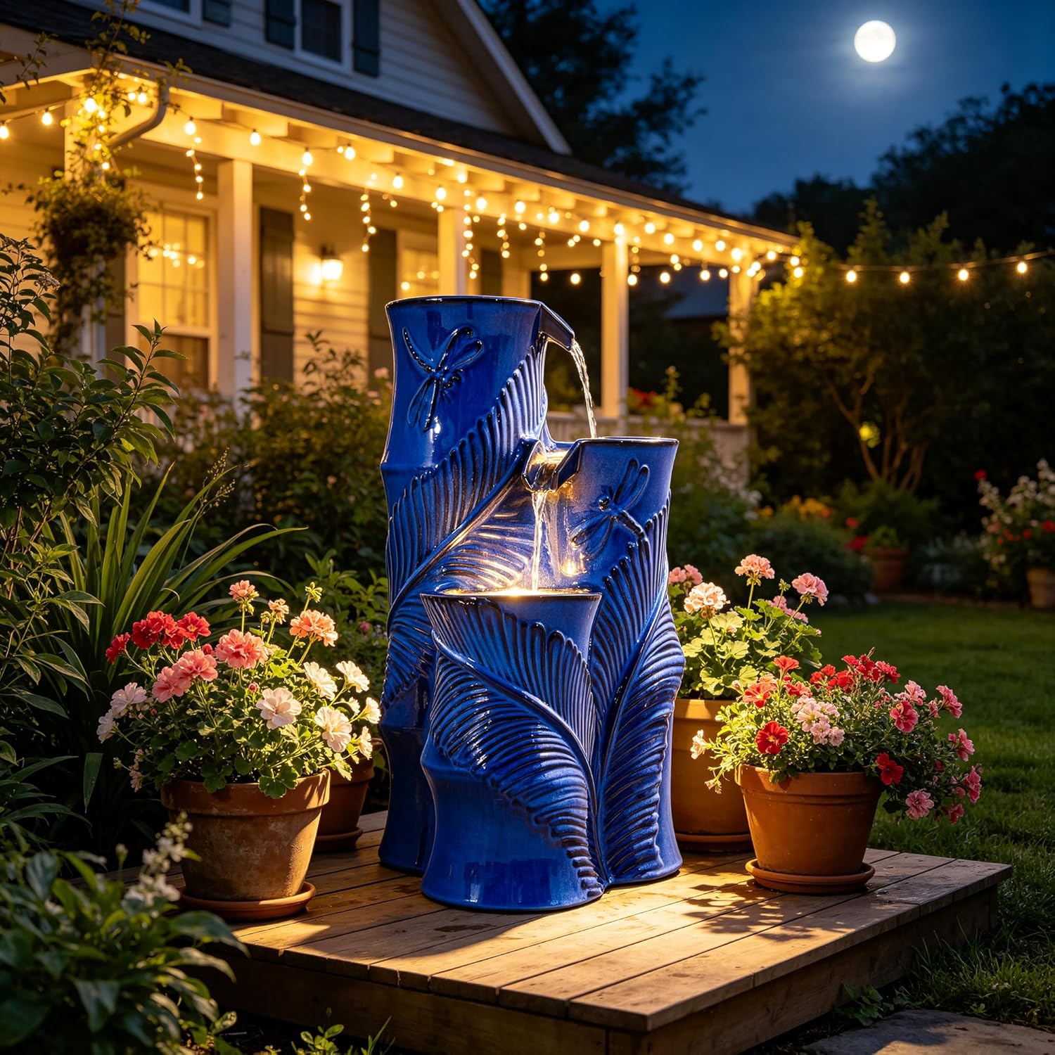 Ceramic Outdoor Water Fountain with LED Lights, 25.5' H 3-Tier Bamboo-Style Cascading Waterfall, Tropical Leaf & Dragonfly Textured Water Feature for Garden Patio Yard Relaxation Oasis