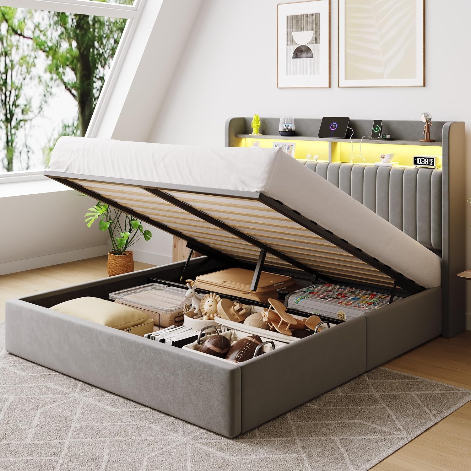 SHA CERLIN Full Size Lift Up Storage Bed Frame/LED Lights/Charging Station/2-Tier Shelves Headboard/USB,Type-C Ports/Velvet Upholstered/Hydraulic Support/No Box Spring Needed/Noise Free/Gray