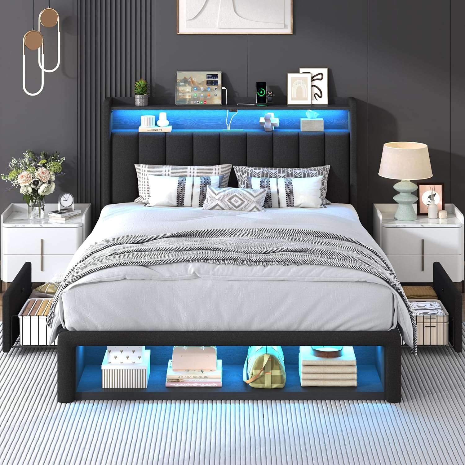 ChicZhiNest Queen Size Platform Bed Frame with Charging Station, LED Storage Headboard with 2-Tier Shelves and Drawers on Wheels, Strong Wooden Slats & Large Footboard Cubbies, Noise Free, Black