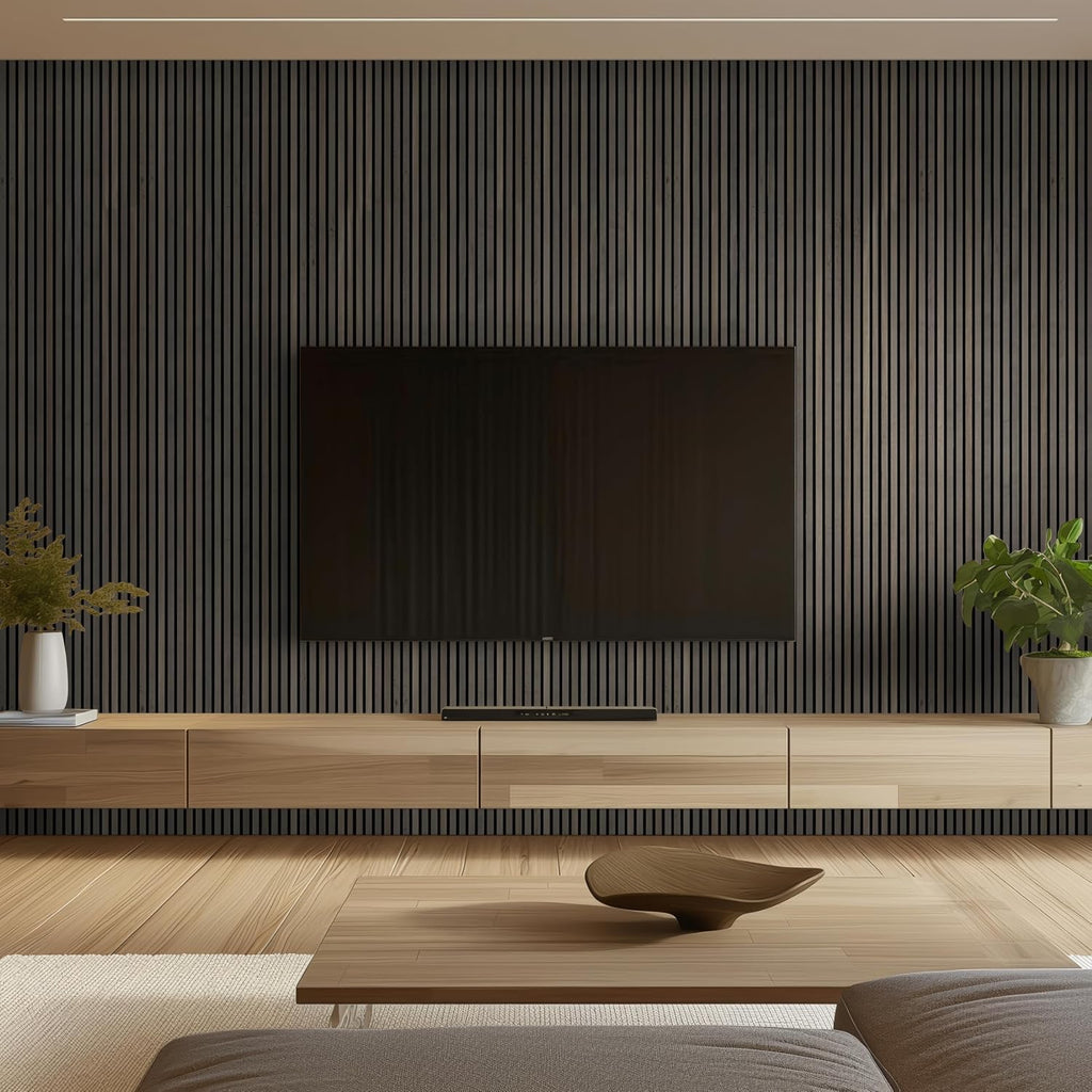 MSI Acoustic Wood Slat Wall Panels for Interior Decor, 3D Fluted Sound Absorbing Wood Paneling for Accent Wall Ceiling Kitchen Living Room Bedroom, Eco-Friendly MDF - 9.5 in. x 94.5 in. - Umber