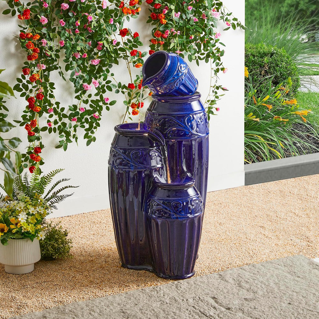 Glitzhome 35.5' H Oversized Outdoor Water Fountain with LED Lights and Pump, 4 Tier Cobalt Blue Embossed Pattern Ceramic Pots Cascading Floor Standing Fountain for Porch Deck Garden Patio Backyard
