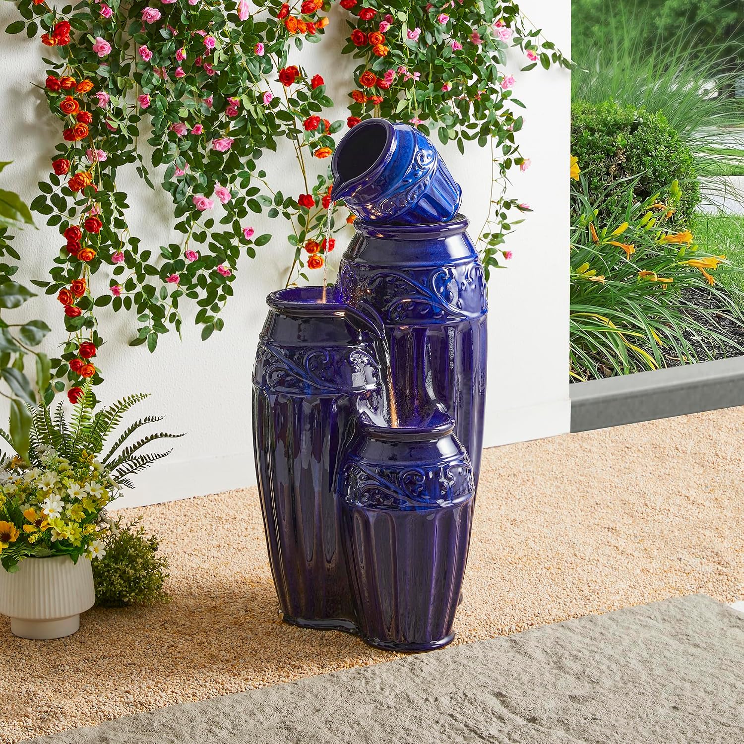 Glitzhome 35.5' H Oversized Outdoor Water Fountain with LED Lights and Pump, 4 Tier Cobalt Blue Embossed Pattern Ceramic Pots Cascading Floor Standing Fountain for Porch Deck Garden Patio Backyard