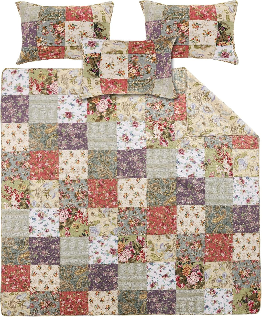 Greenland Home Blooming Prairie 100% Cotton Authentic Patchwork Reversible Quilt Set, 4-Piece Full/Queen