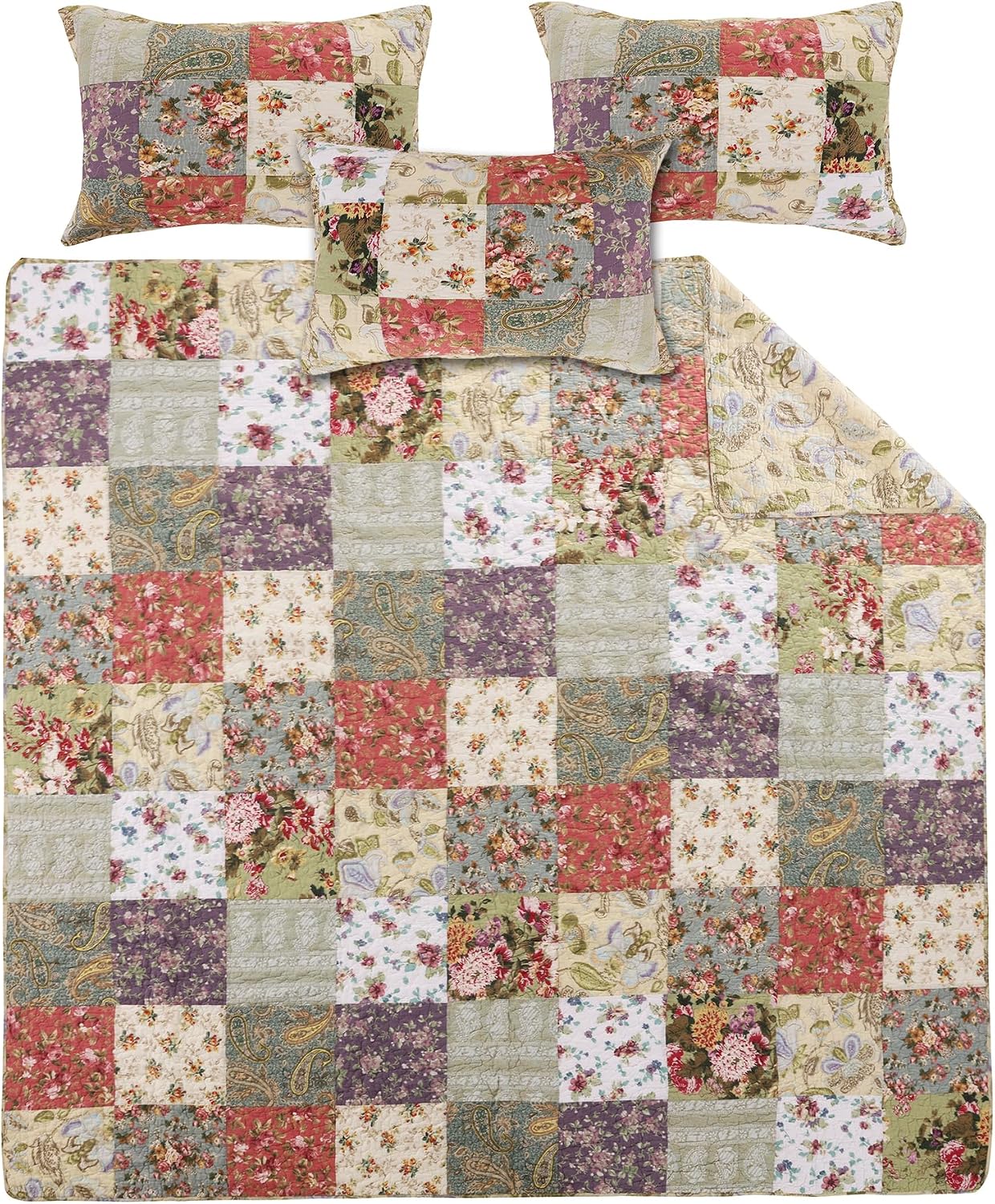 Greenland Home Blooming Prairie 100% Cotton Authentic Patchwork Reversible Quilt Set, 4-Piece Full/Queen