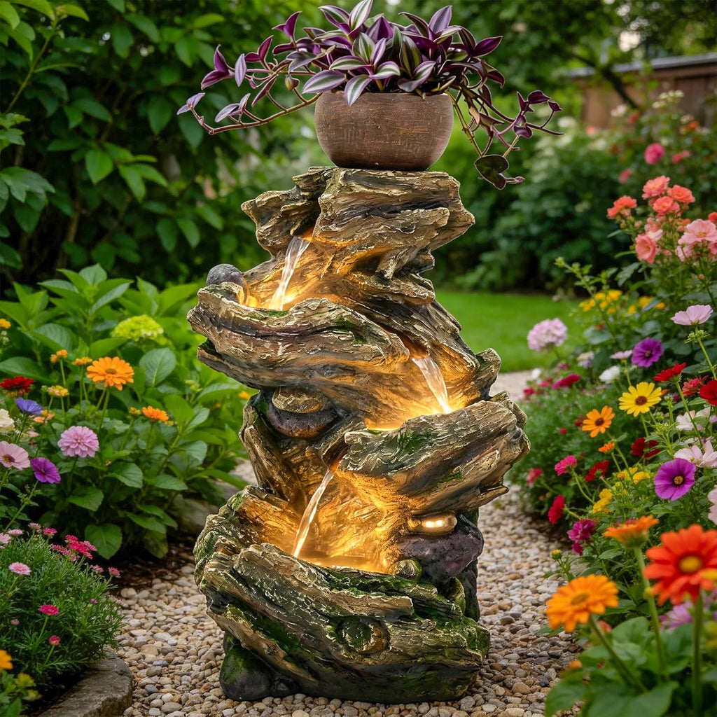 33' Rustic Tree Trunk Outdoor Water Fountain with Planters, Handcrafted 5-Tier Cascading Water Feature with Moss & LED Lights, Relaxing Tranquil Decor for Garden Yard Patio Porch