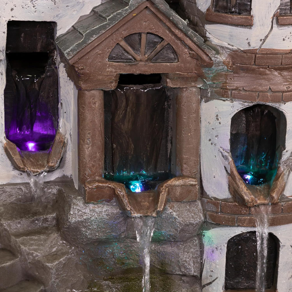 Alpine Corporation USA1368 Outdoor Floor Tiered Fairy Castle Water Fountain with Color Changing LED Lights, 35', Brown