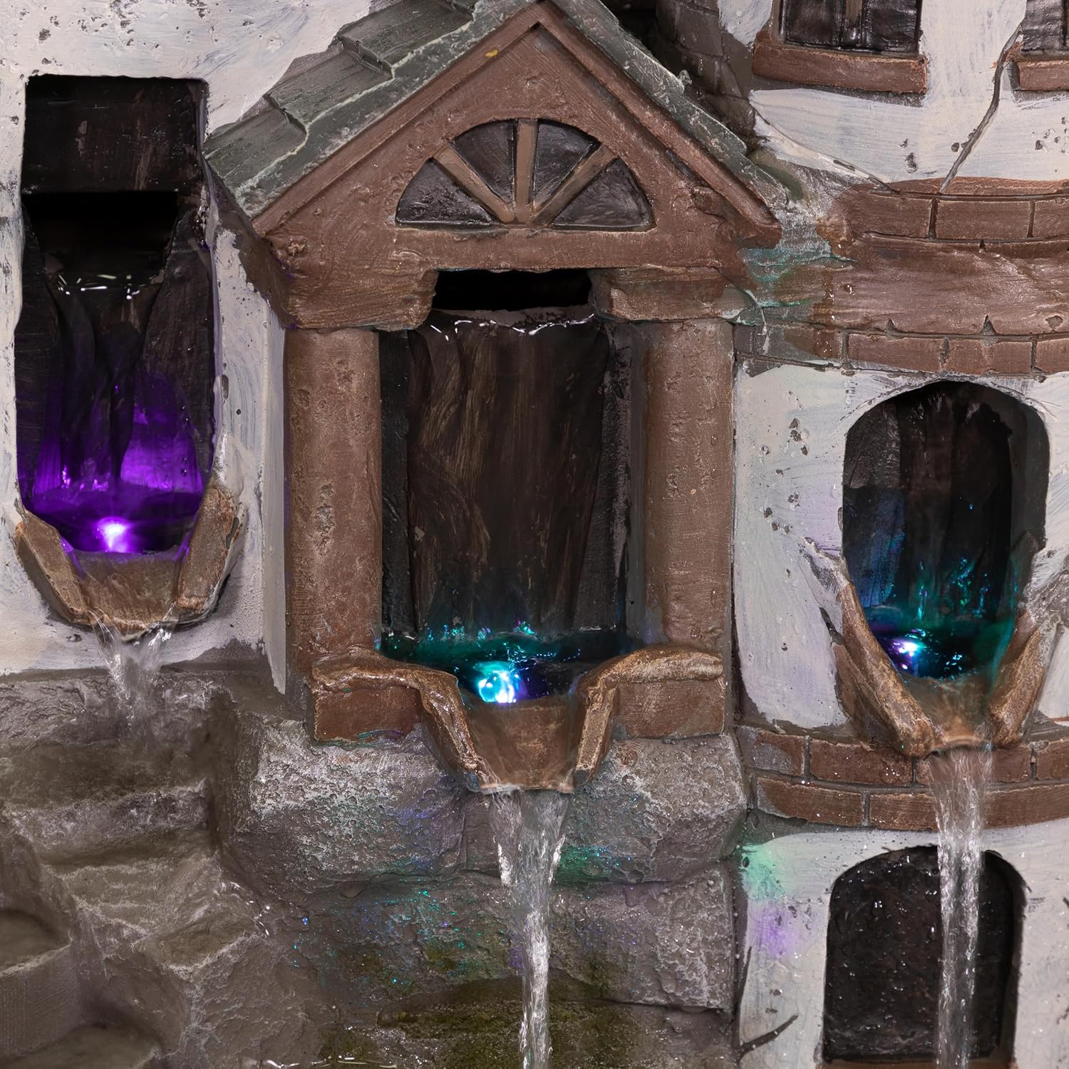 Alpine Corporation USA1368 Outdoor Floor Tiered Fairy Castle Water Fountain with Color Changing LED Lights, 35', Brown