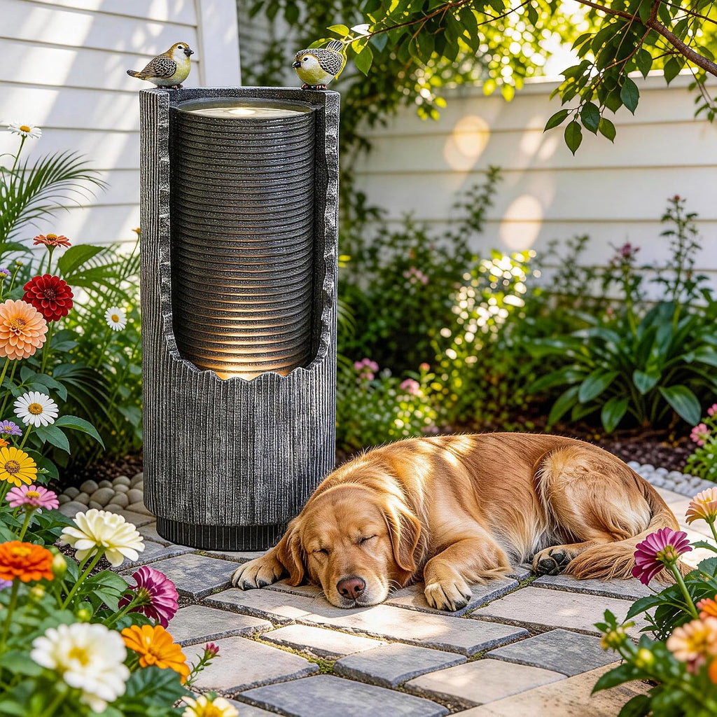 32' Rustic Cracked Jar Water Fountain Outdoor with LED Lights, Polyresin Freestanding Waterfall Feature, Tranquil Oasis for Garden, Patio, Yard, or Porch