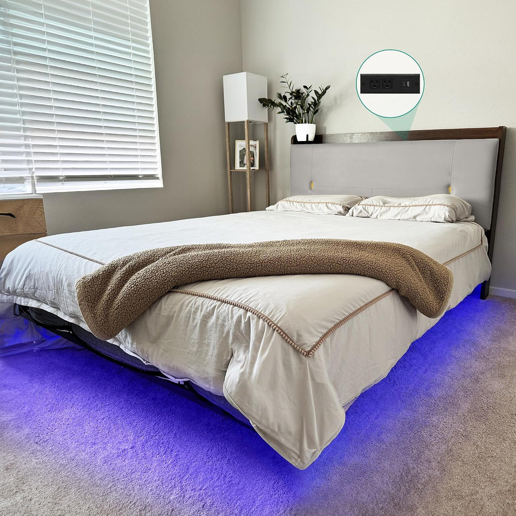 YITAHOME Queen Size Floating Bed Frame with Charging Station, Led Bed Frame with Hidden Storage Headboard, PU Upholstered Platform Bed, Heavy Duty Metal Slats, No Box Spring Needed, Light Grey