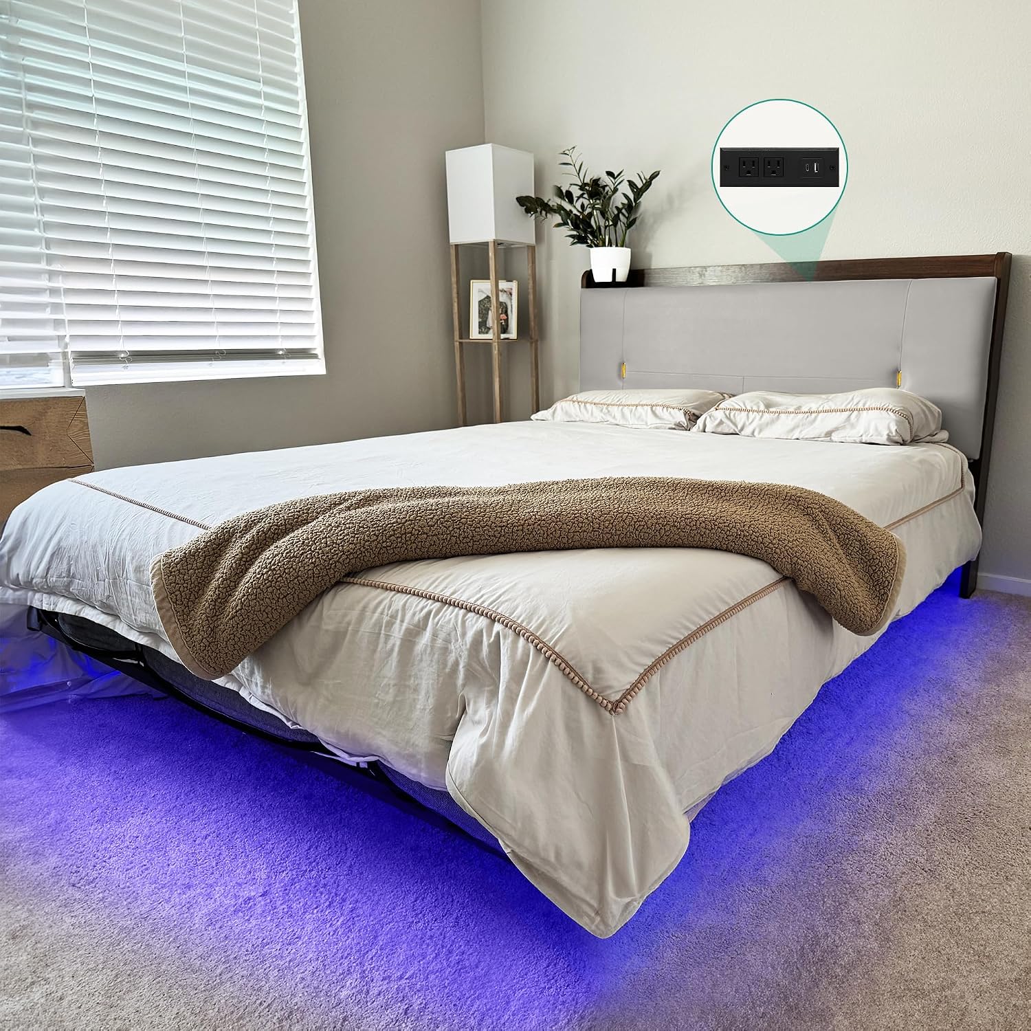 YITAHOME Queen Size Floating Bed Frame with Charging Station, Led Bed Frame with Hidden Storage Headboard, PU Upholstered Platform Bed, Heavy Duty Metal Slats, No Box Spring Needed, Light Grey