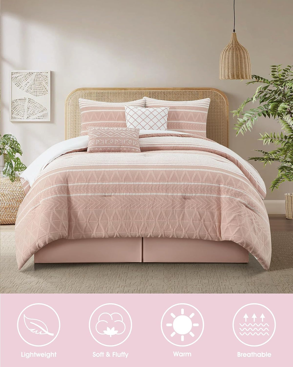 LANCO MODERN LIFESTYLE Cotton Comforter Set Queen, Gorgeous Geometric Jacquard, Blush Soft Lightweight Bedding Set for All Seasons, Bedskirt, Pillow Shams and Decor Pillows