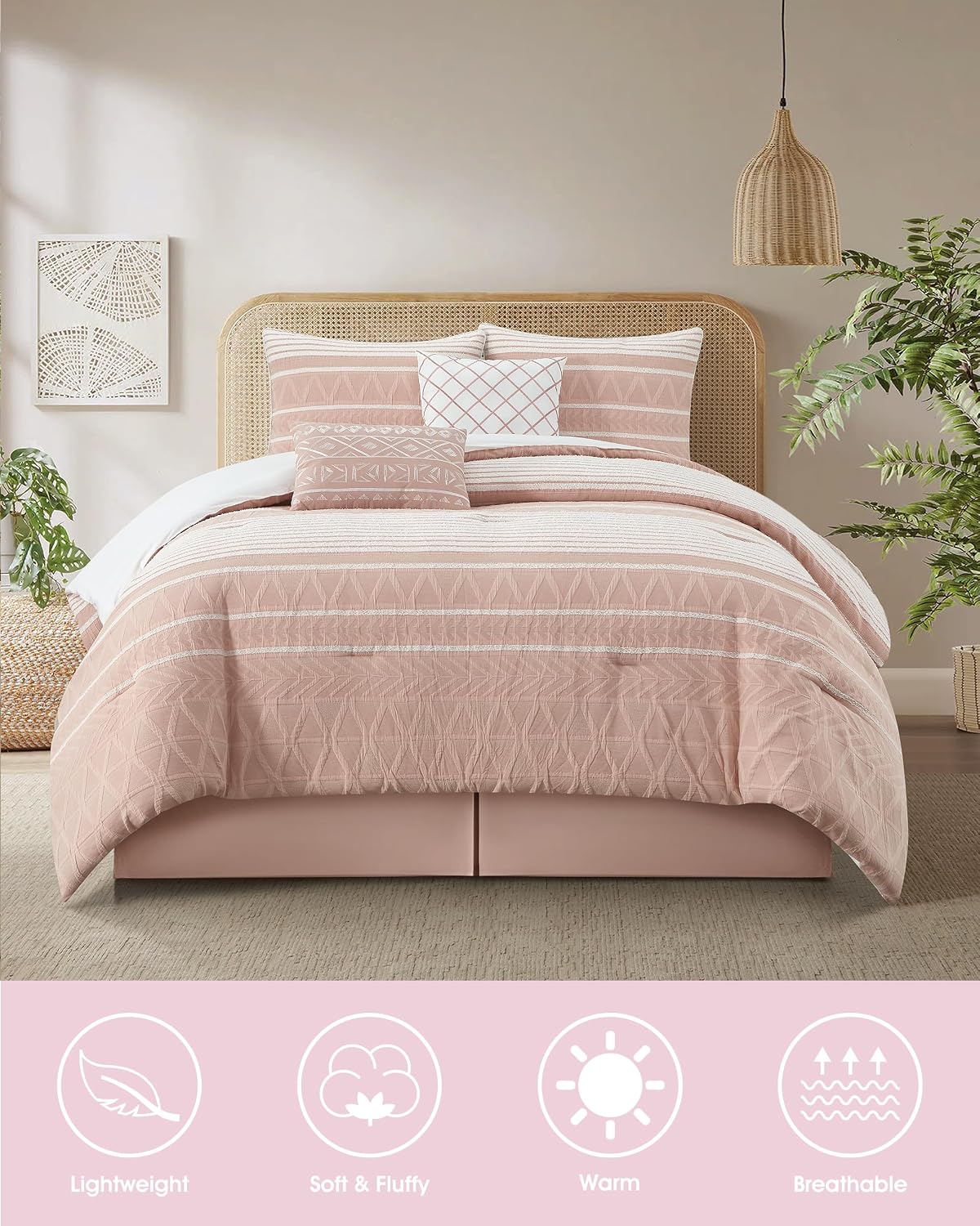 LANCO MODERN LIFESTYLE Cotton Comforter Set Queen, Gorgeous Geometric Jacquard, Blush Soft Lightweight Bedding Set for All Seasons, Bedskirt, Pillow Shams and Decor Pillows