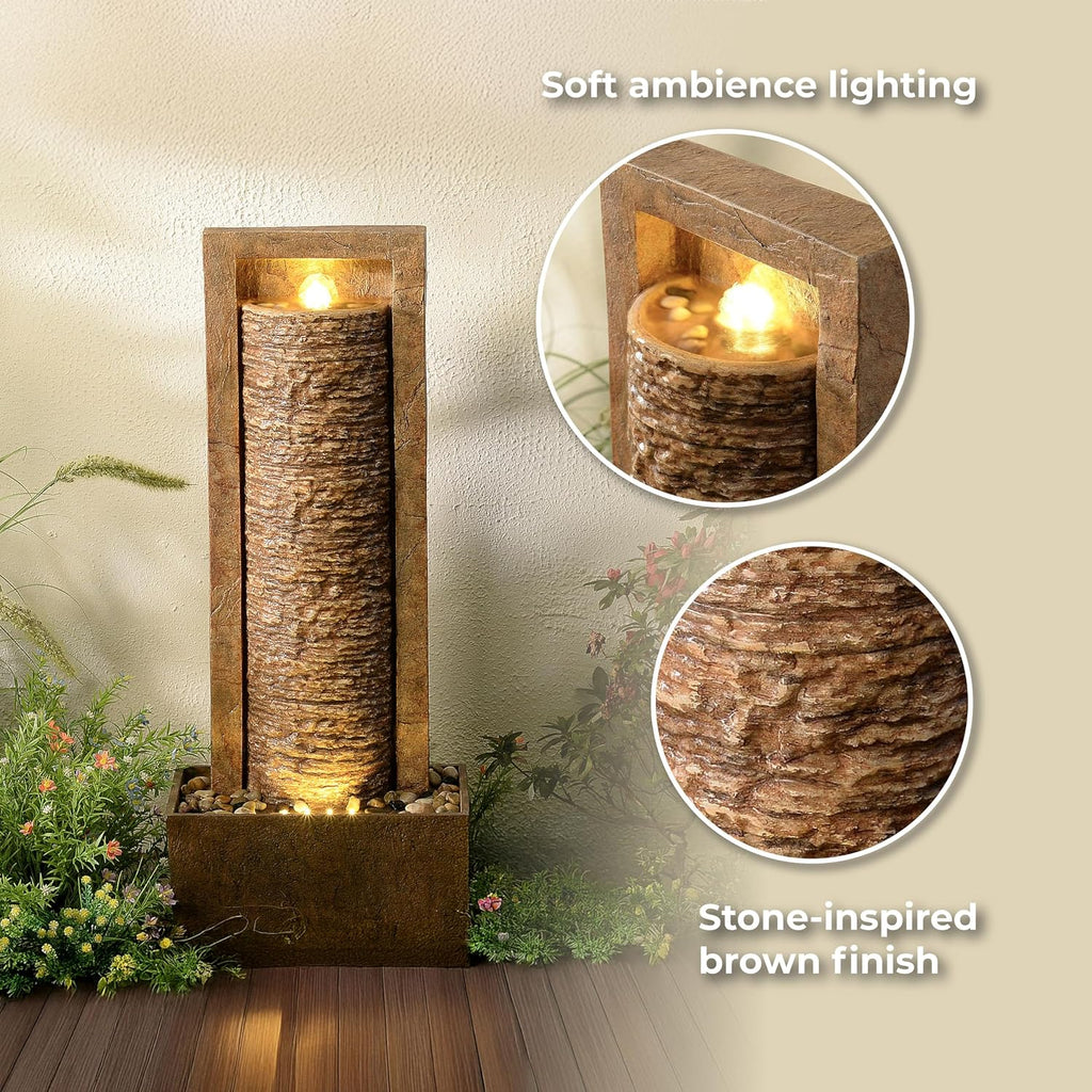 Teamson Home Framed Layered Rock Design Patio Water Fountain–Warm Glow Lighting with Steady Flow & Electric Pump, Brown