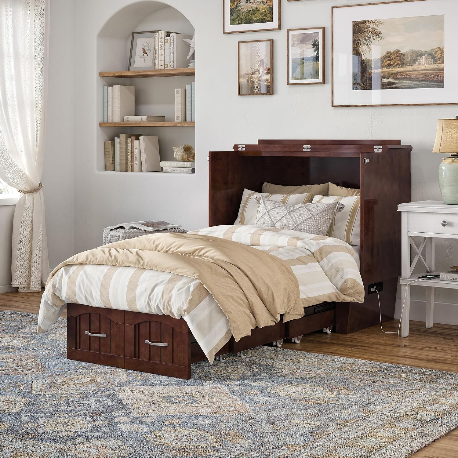 AFI, Nantucket Twin Murphy Bed Chest with Mattress, Storage Drawer, and Built-in USB Charger, Walnut
