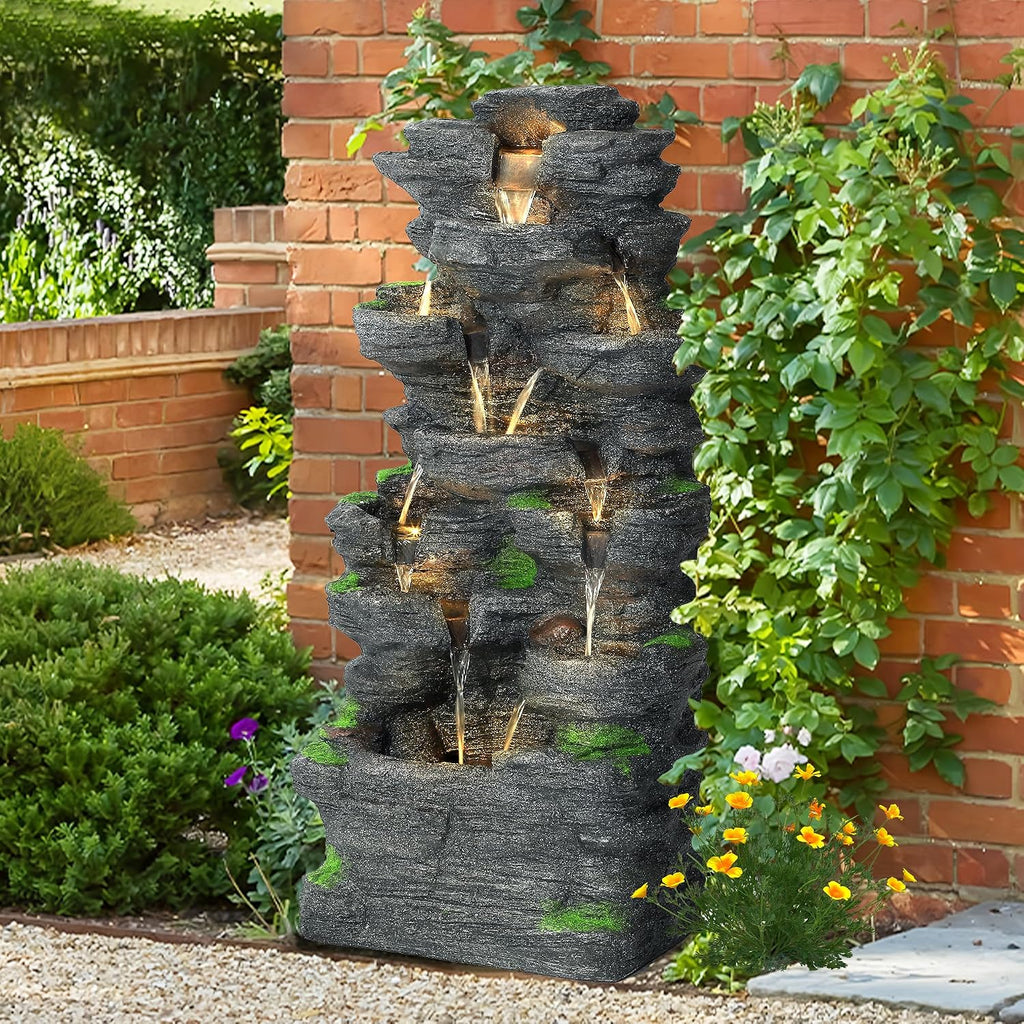 TITIMO 10-Tier Cascading Rock Water Fountain Outdoor Garden Waterfall with Lights,Fountain Indoor Decor for Garden, Patio, Backyard, Deck, Porch and Home Art Decor
