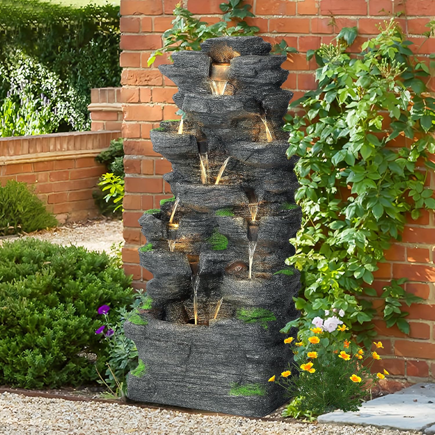 TITIMO 10-Tier Cascading Rock Water Fountain Outdoor Garden Waterfall with Lights,Fountain Indoor Decor for Garden, Patio, Backyard, Deck, Porch and Home Art Decor