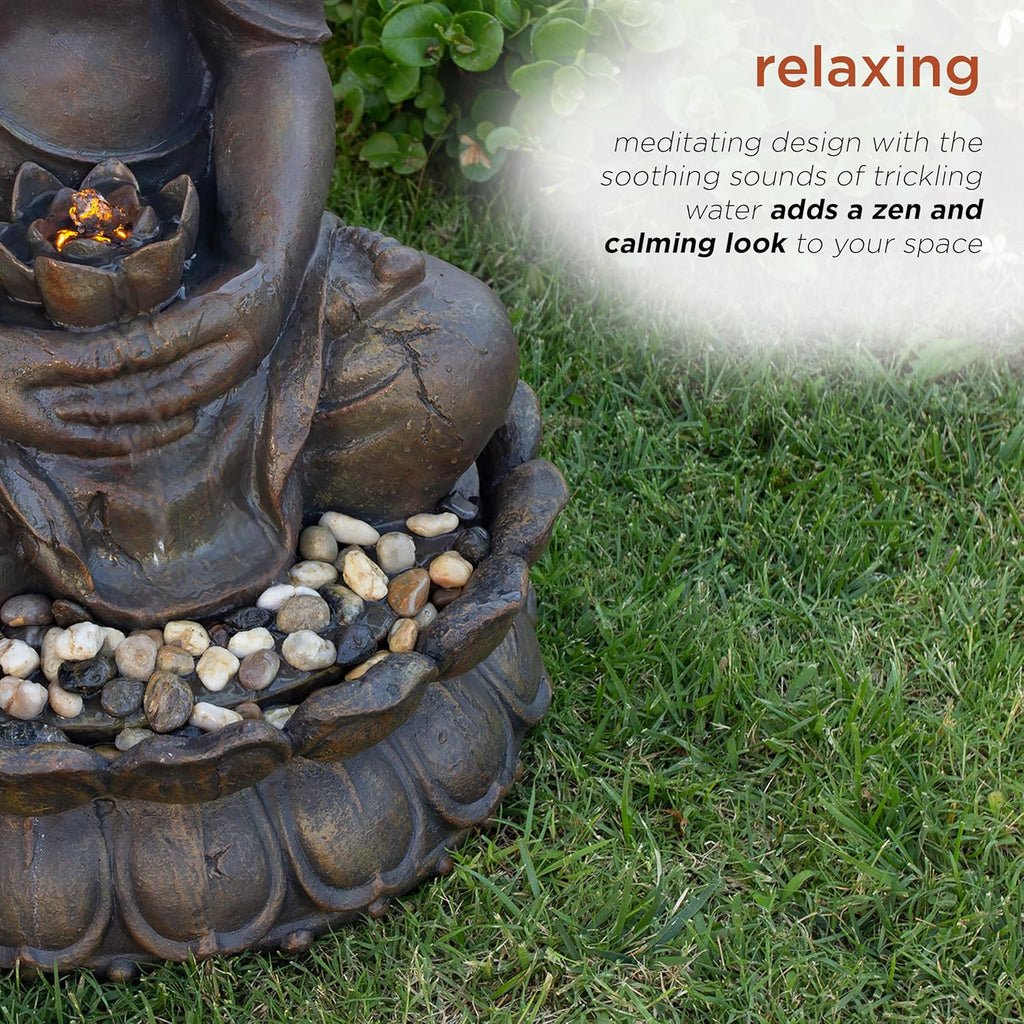 Alpine Corporation GEM122 Outdoor Floor Meditating Soothing Buddha Statue Waterfall Fountain for Garden, 33', Bronze