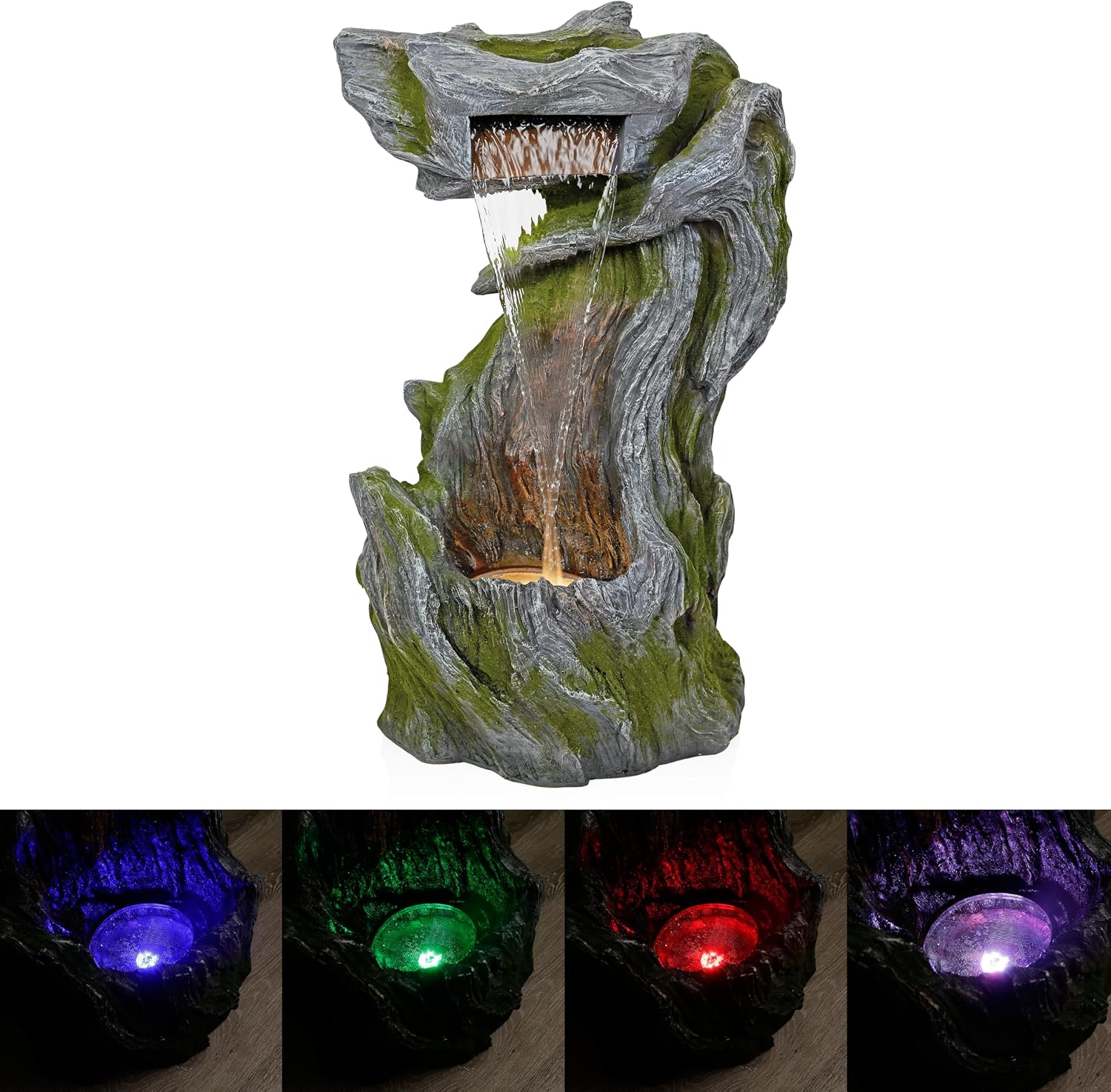 Alpine Corporation WIN1628 32' Outdoor Tree Bark Water Fountain with Color-Changing LED Lights, Cascading Waterfall Garden Fountain for Backyard, Patio & Outdoor Décor, Gray