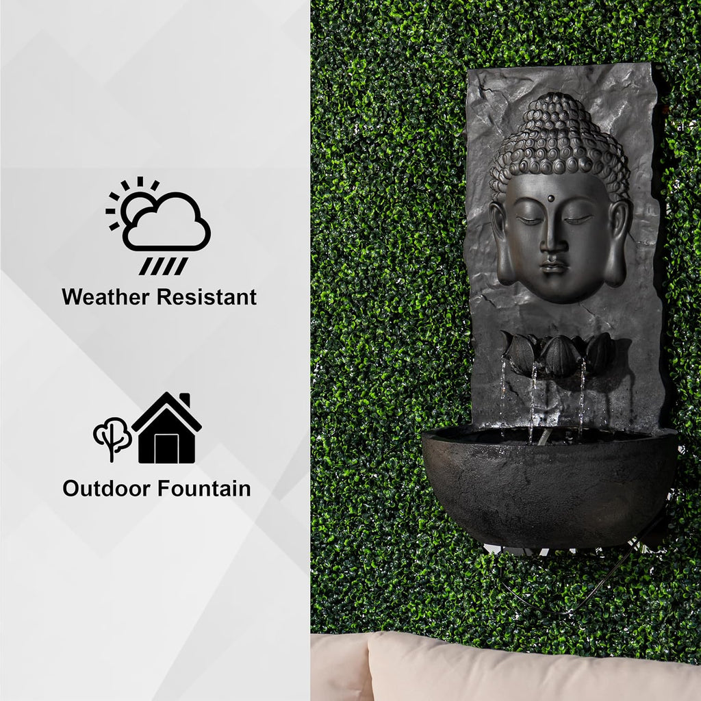 XBrand 30 in H Buddha Zen Indoor/Outdoor Wall Water Fountain, Cascading Resin Garden Fountain with Warm LED Light, Soothing Water Feature for Patio, Porch, Backyard or Meditation Decor, Black