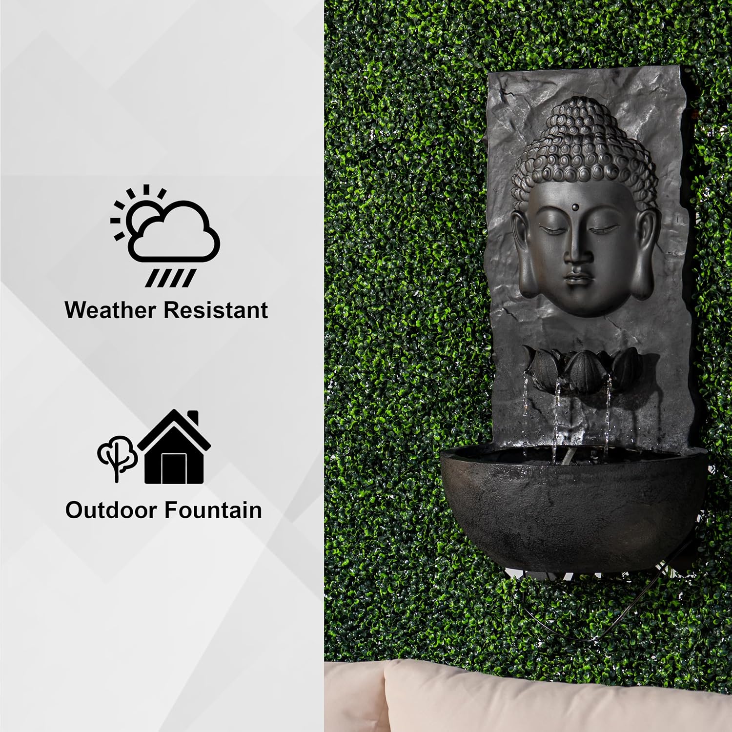 XBrand 30 in H Buddha Zen Indoor/Outdoor Wall Water Fountain, Cascading Resin Garden Fountain with Warm LED Light, Soothing Water Feature for Patio, Porch, Backyard or Meditation Decor, Black