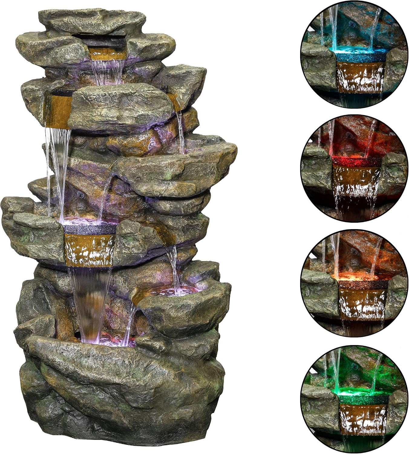 Alpine Corporation 51' Tall 6-Tier Outdoor Rainforest Waterfall Floor Fountain, Weather-Resistant Design with Color-Changing LED Lights & Remote Control, Gray
