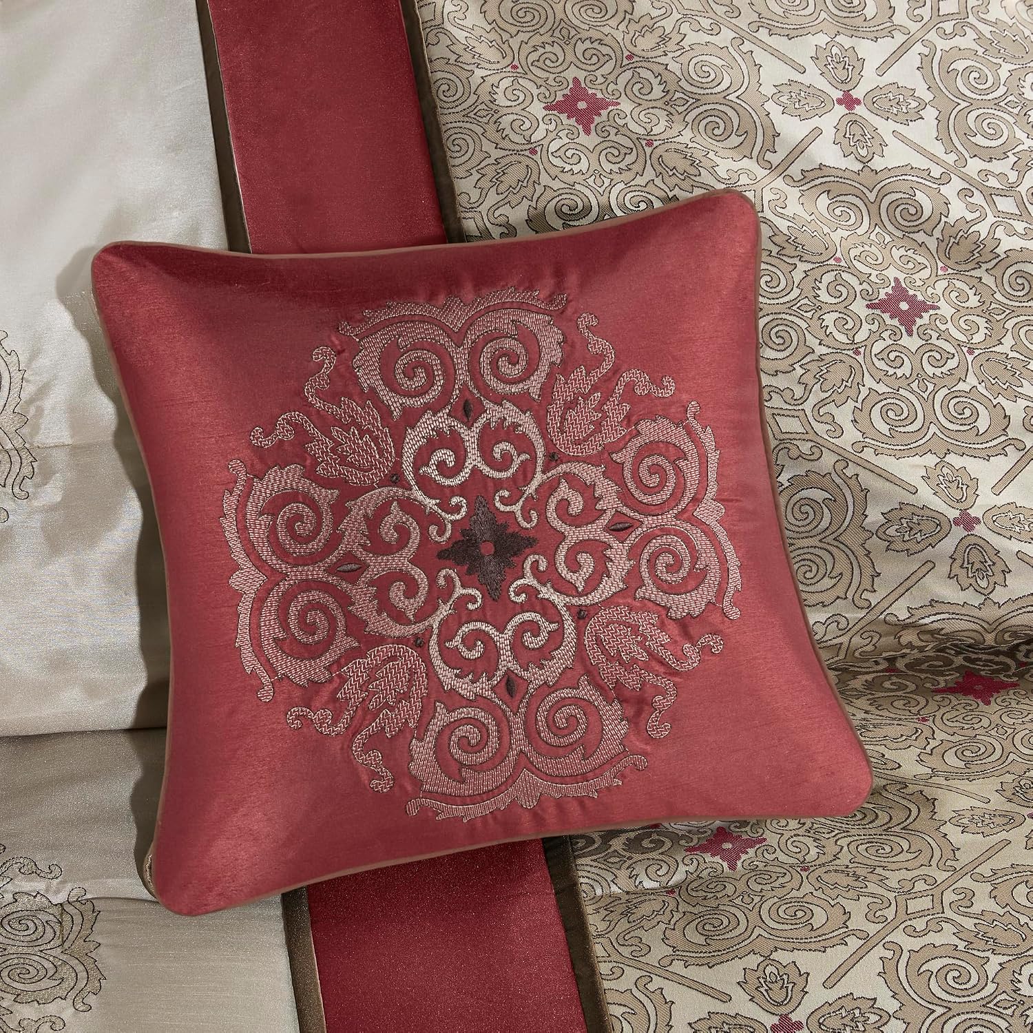 Madison Park Comforter Faux Silk-Traditional Luxurious Jacquard Design All Season Set, Matching Bed Skirt, Decorative Pillows, King(104'x92'), Red 7 Piece