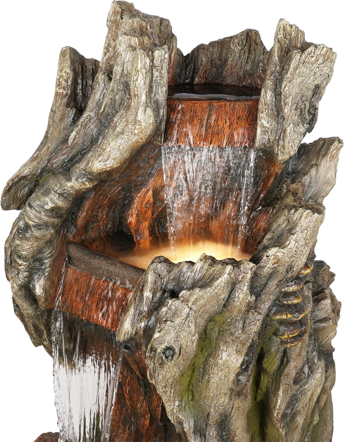 Alpine Corporation WIN1642 61' 3-Tier Log Water Fountain with Warm White LED Lights, Cascading Waterfall for Garden, Patio, & Lawn, Outdoor Water Feature