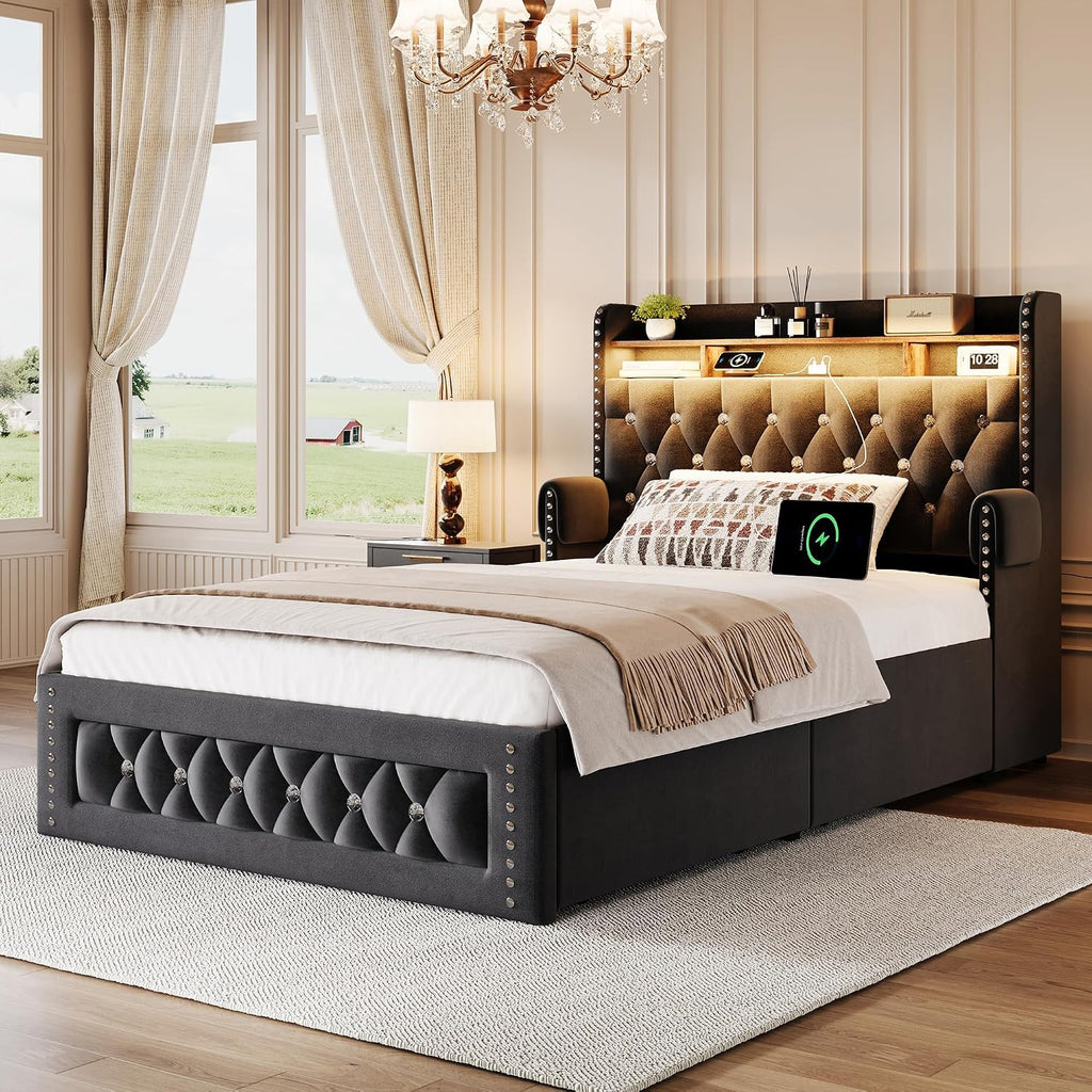Ailisite Twin Size Bed Frame with 4 Storage Drawers and RGB Led Lights,Velvet Upholstered Platform Bed with Charging Station and Bookcase Storage Headboard, with Crystal and Rivet Deco, Black