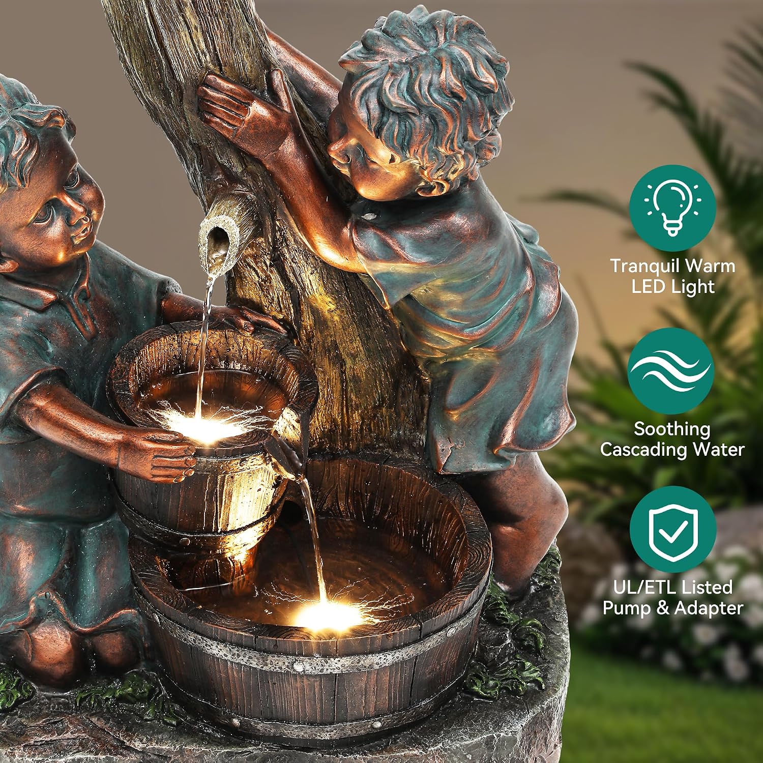 31' H Boy & Girl Outdoor Water Fountain with LED Lights, Faux Bronze Resin Statue Fountain, Wood Barrel & Pagoda Design, 3-Tier Cascading Waterfall for Serene Patio, Yard and Porch
