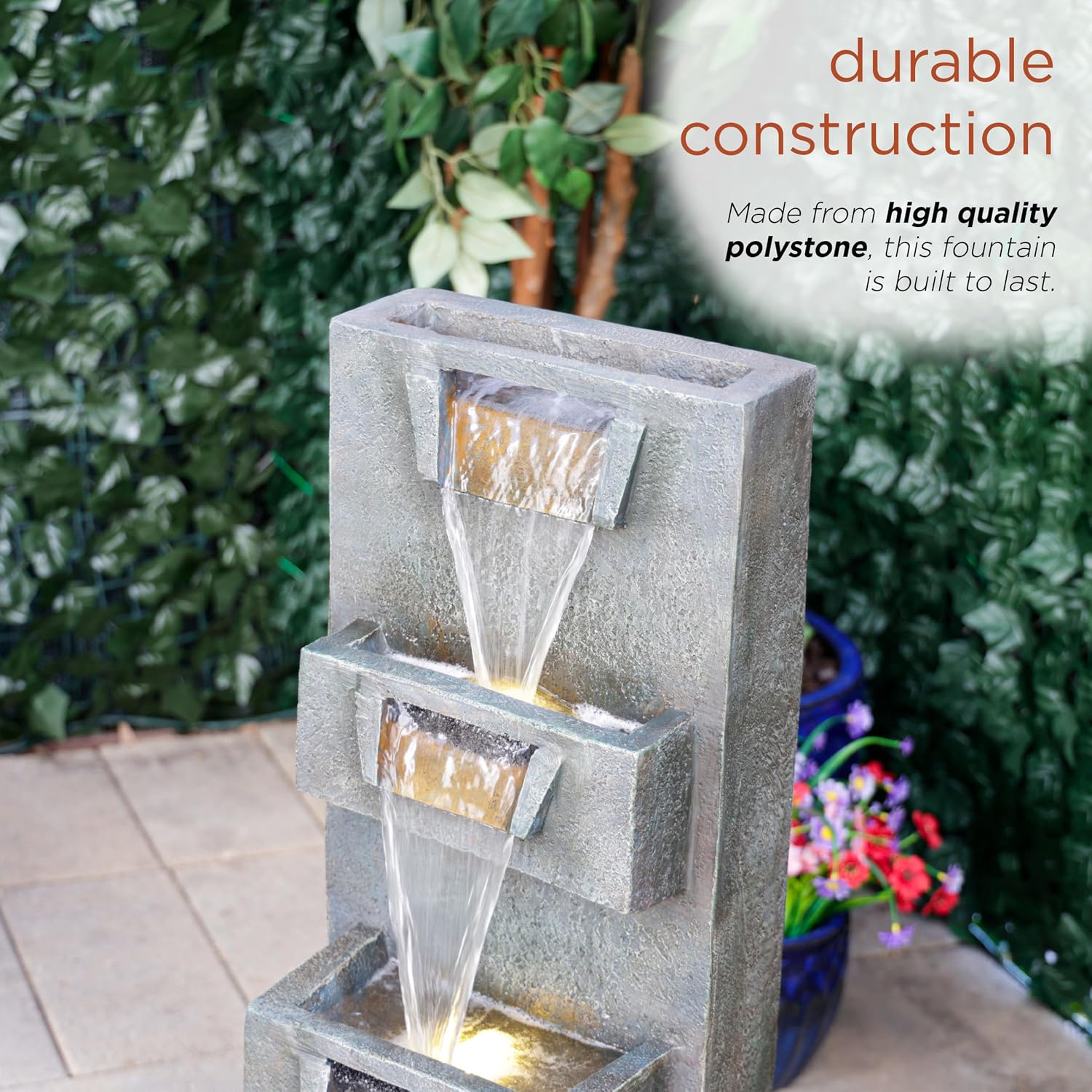 Alpine Corporation TZL406 33' 3 Tier Basin Cascading Fountain with LED Lights, Outdoor Water Feature for Garden, Patio, Backyard & Home Decor, Elegant Waterfall Design, Gray