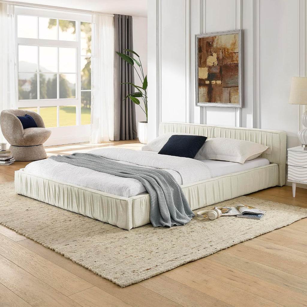 Ball & Cast Queen Size Low Bed Frame,Chenille Upholstered Platform Bed with Pleated Design Headboard,Grounded Floor Bed with Wood Slat Support,No Box Spring Needed,Beige