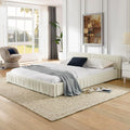 Ball & Cast Queen Size Low Bed Frame,Chenille Upholstered Platform Bed with Pleated Design Headboard,Grounded Floor Bed with Wood Slat Support,No Box Spring Needed,Beige